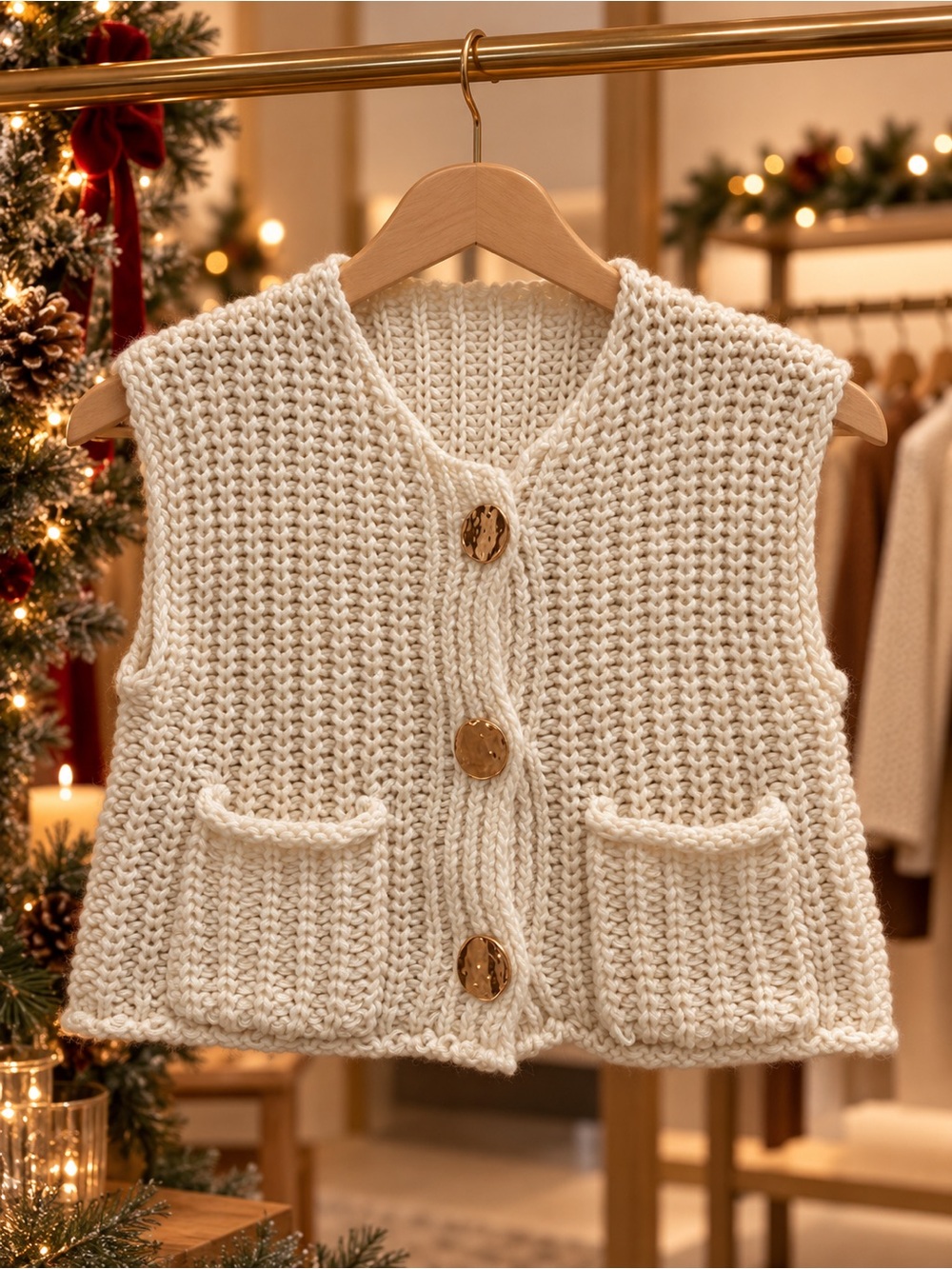 Source Unknown Cream Chunky Knit Button Vest